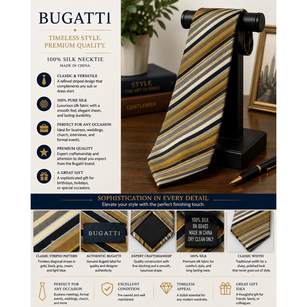 Bugatti 100% Silk Striped Necktie Gold Black Gray Blue Classic Business Tie